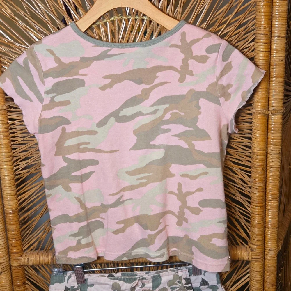VTG Y2K Cherokee Girl Large Short‎ Sleeve T Shirt Pink Camo Love Satin Trim